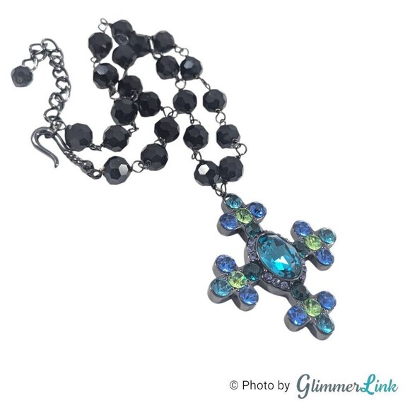 Akkad Blue & Green Sparkling Cross Black Faceted Glass Beads Necklace - Picture 8 of 12